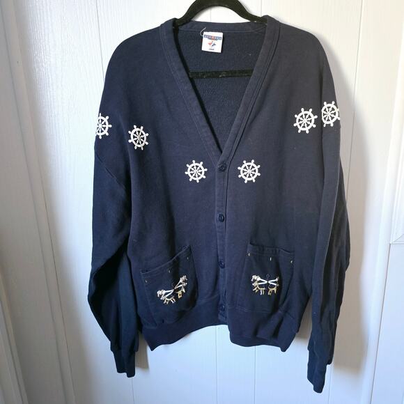 Jerzees Vintage Nautical Oversize Cardigan  size XL Old Money Embellished - Picture 1 of 10
